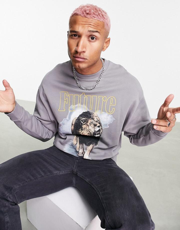 Asos Design Oversized Sweatshirt In Gray With Multi Placement Music Tour Prints-grey