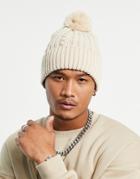 Asos Design Beanie With Cable Knit And Bobble In Cream-white