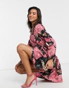 Y.a.s Wrap Dress In Pink And Black Floral