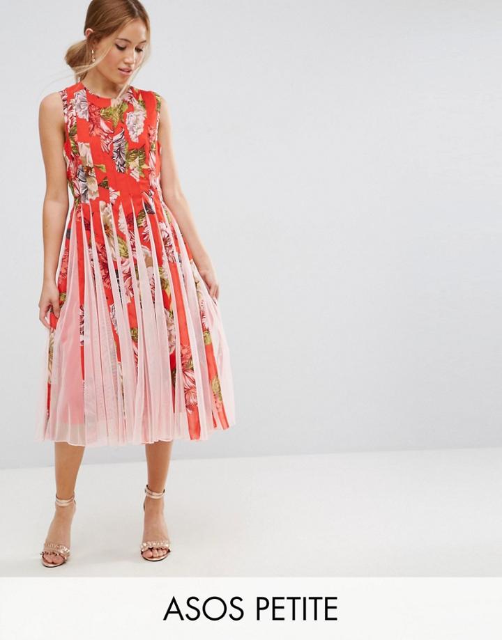 Asos Petite Floral Mesh Insert Fit And Flare Midi Dress - Multi
