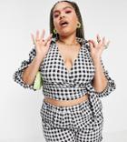 Asos Design Curve Top With Tie Hem Wrap Top And Puff Sleeves In Textured Mono Gingham - Part Of A Set-multi
