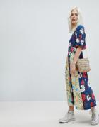Trollied Dolly Boho Pleated Midi Dress In Mix And Match Floral Print - Navy