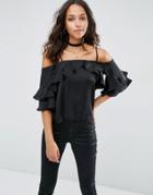 Asos Cold Shoulder Top In Satin With Ruffle Sleeve - Black