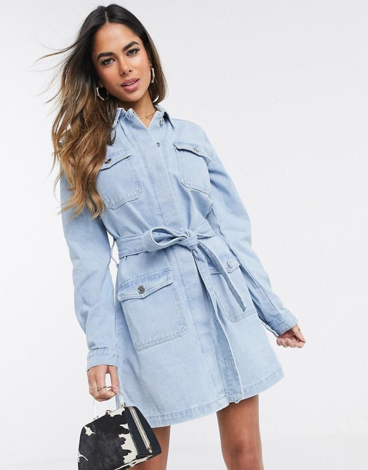 Missguided Belted Denim Jacket Dress In Lightwash-blues