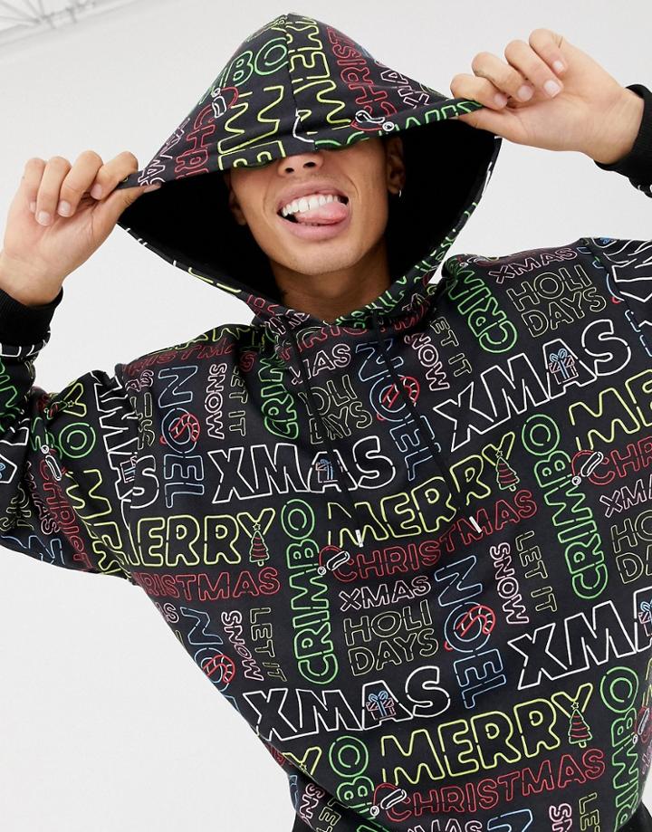 Asos Design Oversized Christmas Hoodie With Text Print In Neon Letters-black