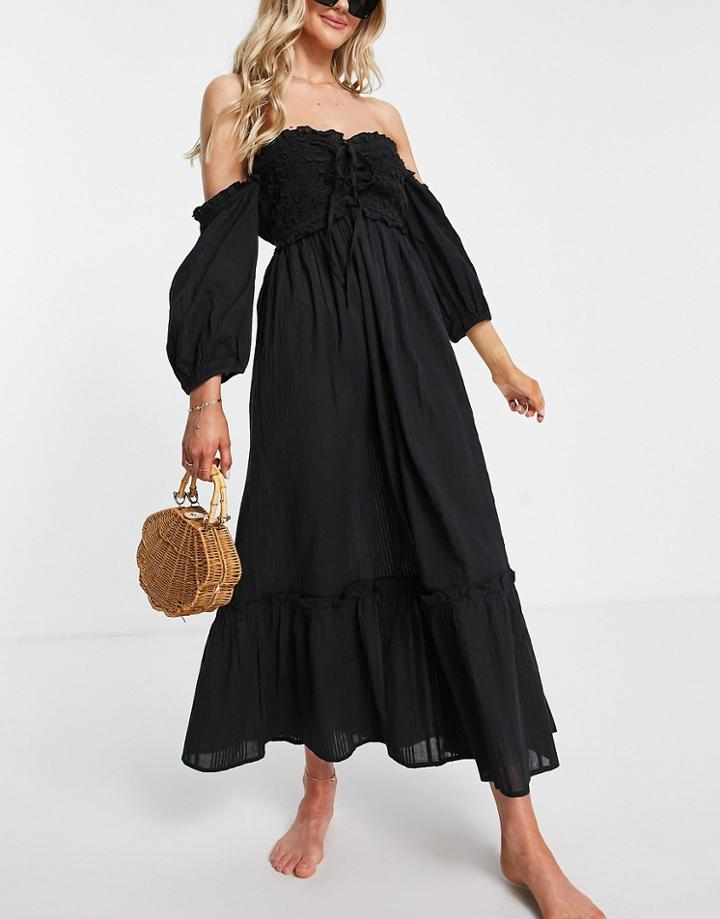 River Island Shirred Bardot Beach Midi Smock Dress In Black