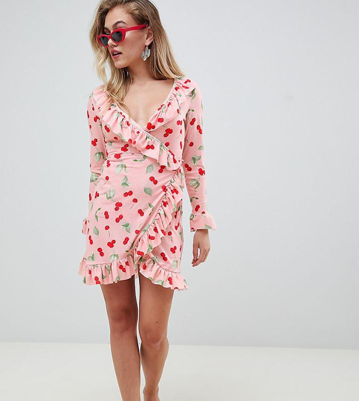 Asos Design Petite Wrap Dress With Frill Detail In Cherry Print-multi