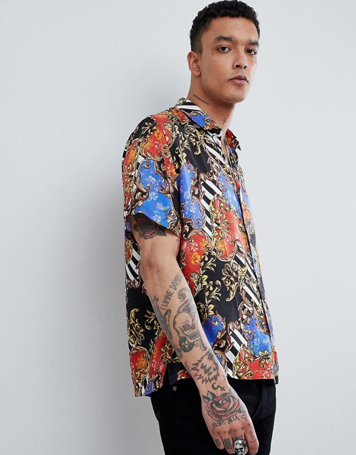 Asos Design Oversized Chain Print Shirt With Revere Collar - Multi