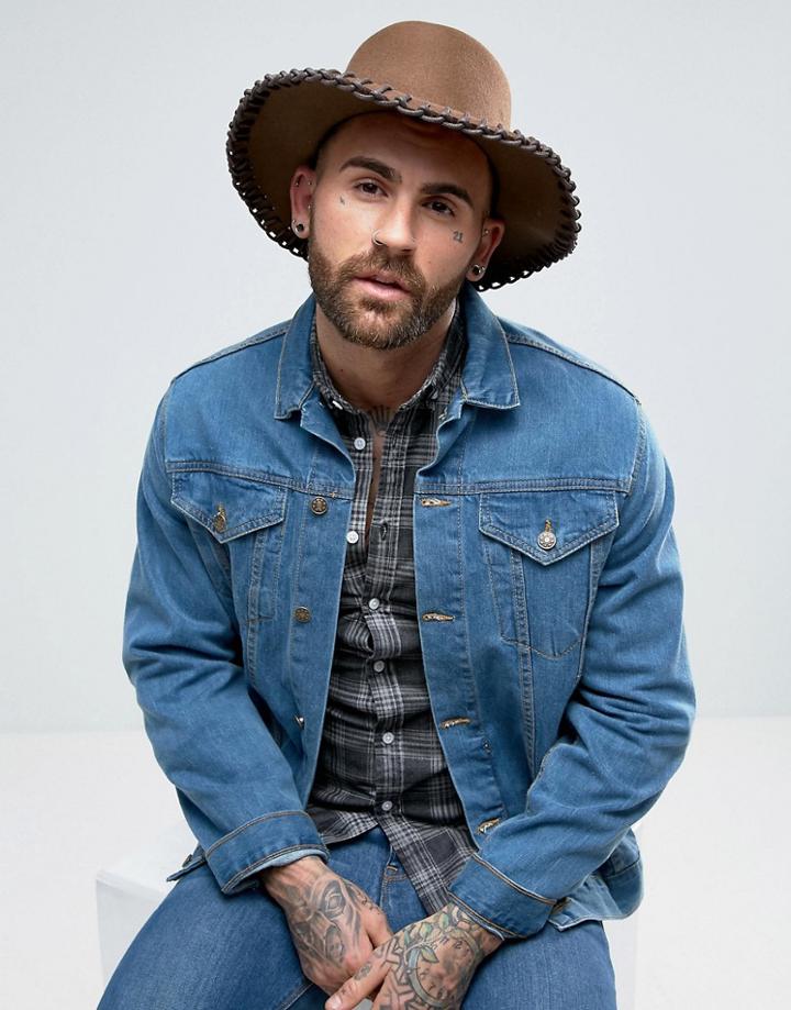 Asos Wide Brim Pork Pie Hat With Whip Stitch - Brown