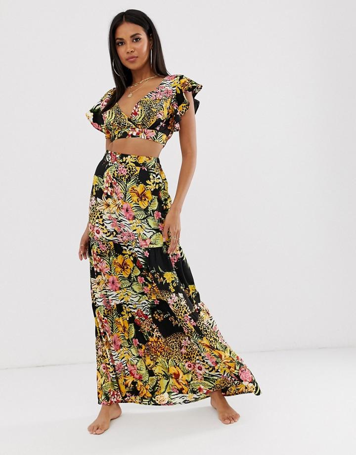 Asos Design Tiered Ruffle Beach Maxi Skirt In Glam Safari Tropical Print Two-piece - Multi