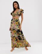 Asos Design Tiered Ruffle Beach Maxi Skirt In Glam Safari Tropical Print Two-piece - Multi