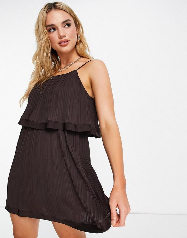 River Island Pleated Layered Mini Dress In Brown