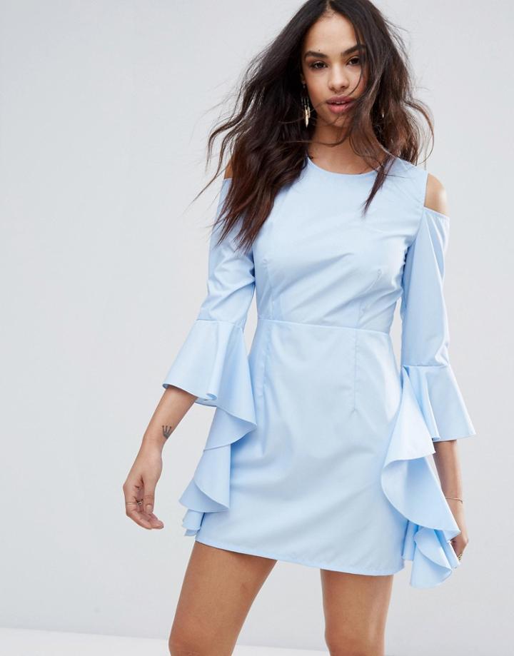 Missguided Cold Shoulder Frill Sleeve Dress - Blue