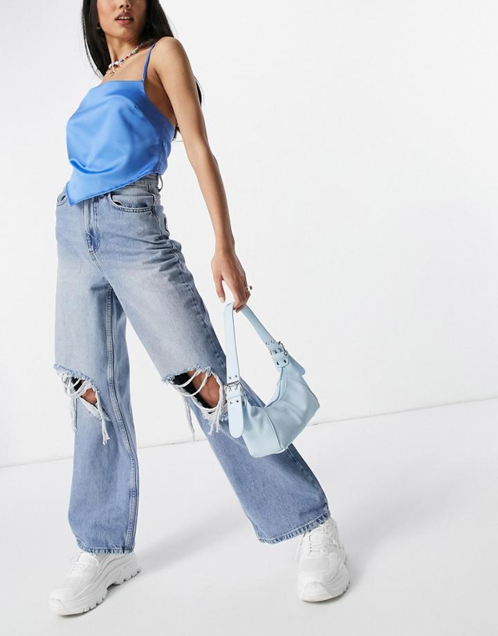 Asos Design Recycled Cotton Blend High Rise 'relaxed' Dad Jeans In Brightwash With Rips-blues