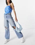Asos Design Recycled Cotton Blend High Rise 'relaxed' Dad Jeans In Brightwash With Rips-blues