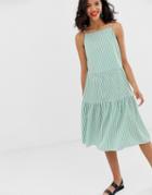 & Other Stories Gathered Pleated Midi Dress In Green And White Stripes-multi