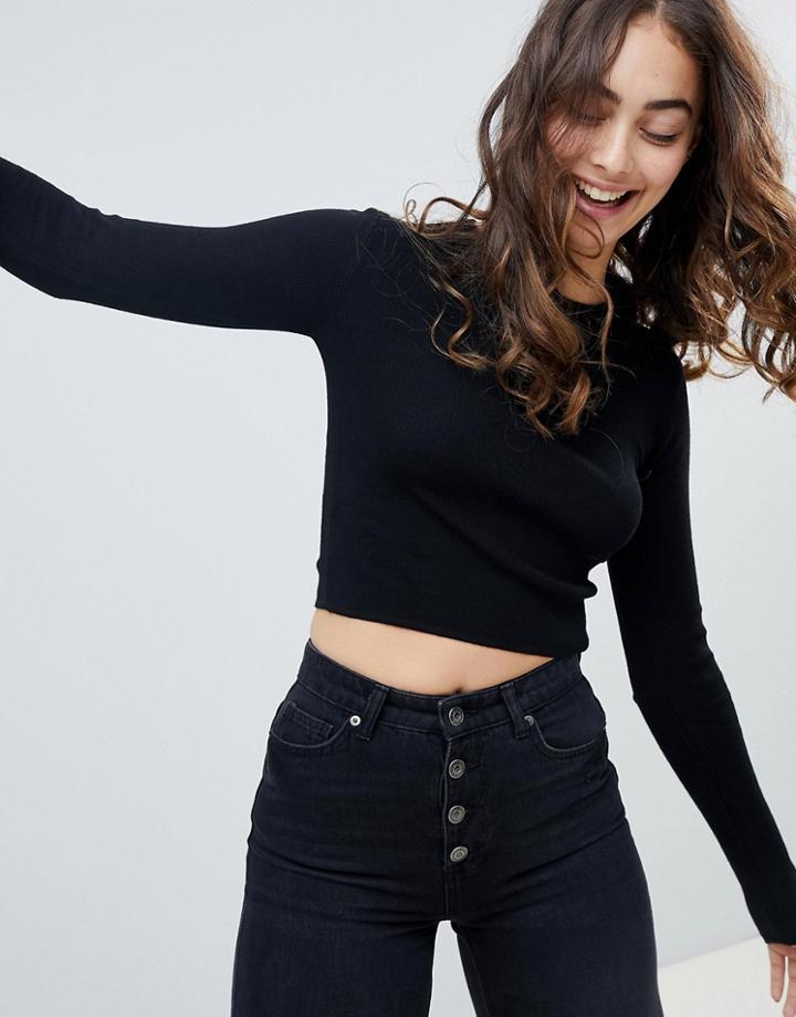 Pull & Bear Cropped Long Sleeve Sweater Plain In Black - Black