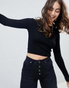 Pull & Bear Cropped Long Sleeve Sweater Plain In Black - Black