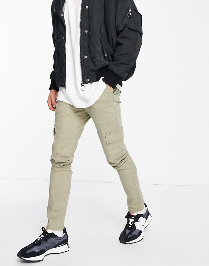 Asos Design Skinny Cargo Pants With Laid On Pockets In Light Khaki-green
