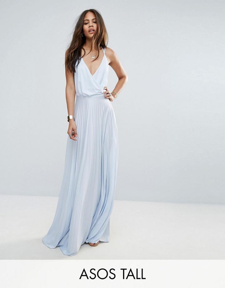 Asos Tall Blouson Wrap Pleated Maxi Dress - Blue