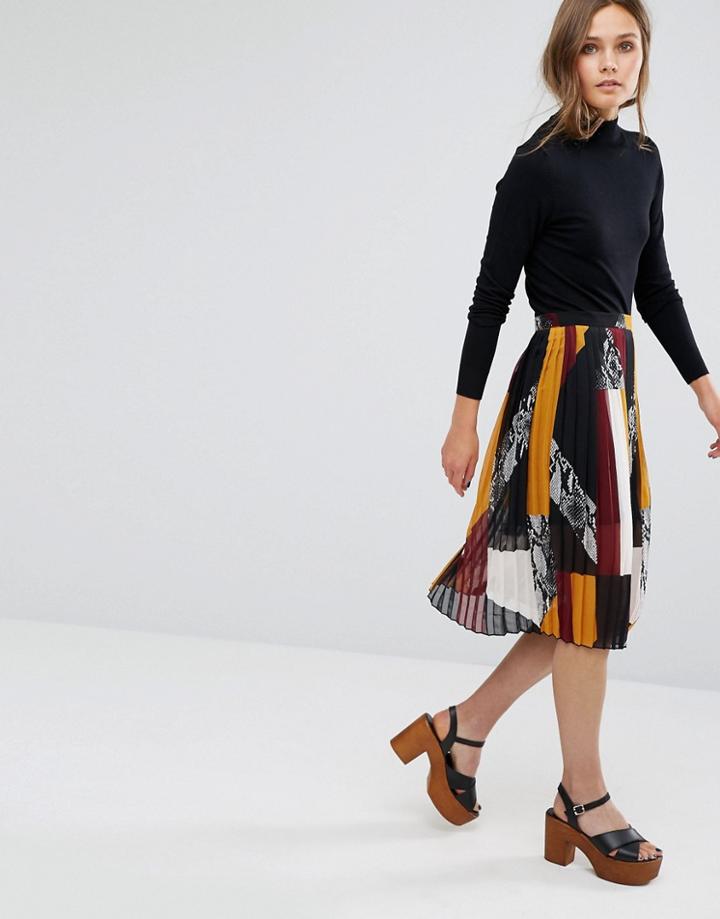 New Look Pleated Snake Color Block Midi Skirt - Multi