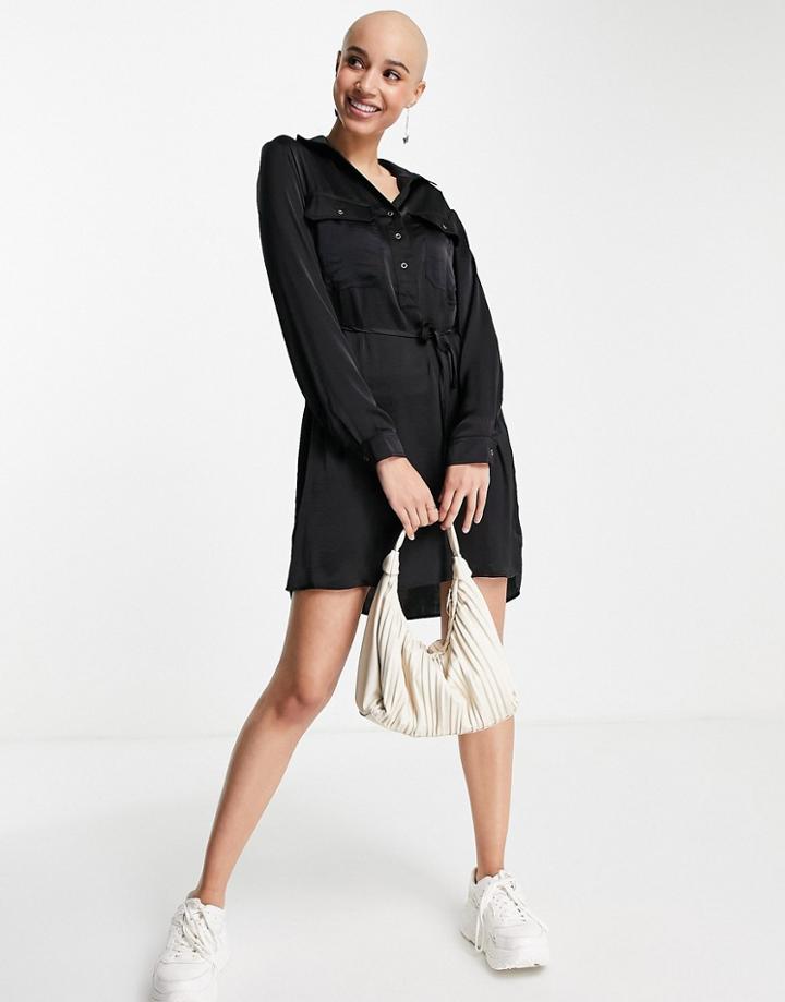 Stradivarius Satin Shirt Dress In Black