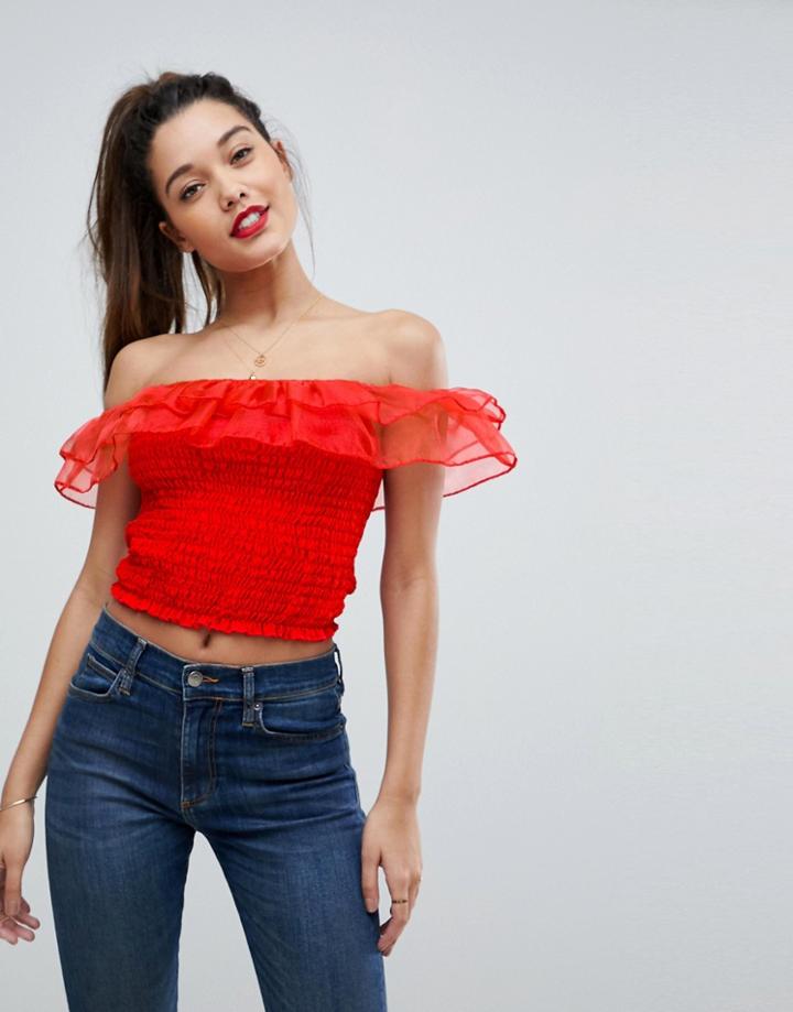 Asos Shirred Ruffle Bandeau Top - Red