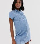 Asos Design Maternity Soft Denim Short Sleeve Shirt Dress Midwash Blue - Blue
