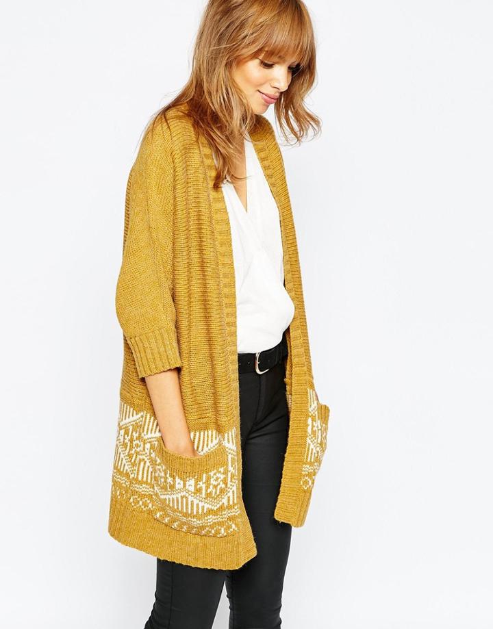 Vila Oversized Cardigan With Geo-tribal Hem - Harvest Gold