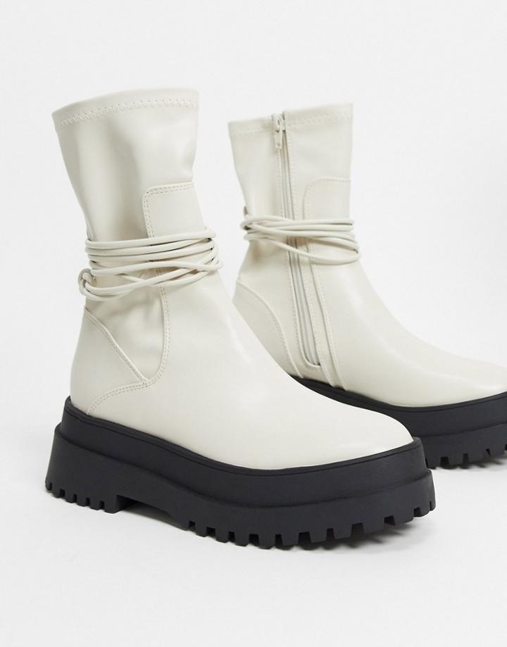 Public Desire Finale Chunky Flat Ankle Boots With Tie In Bone-white