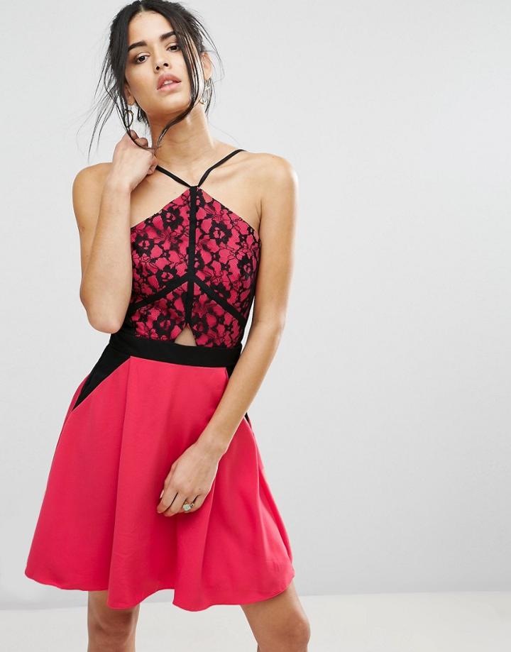 Little Mistress Lace Overlay Mini Dress - Pink