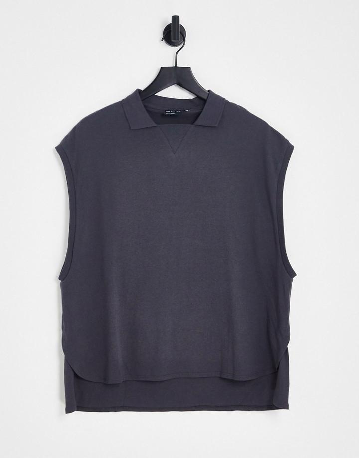 Asos Design Oversized Sleeveless Polo With Step Hem In Washed Black
