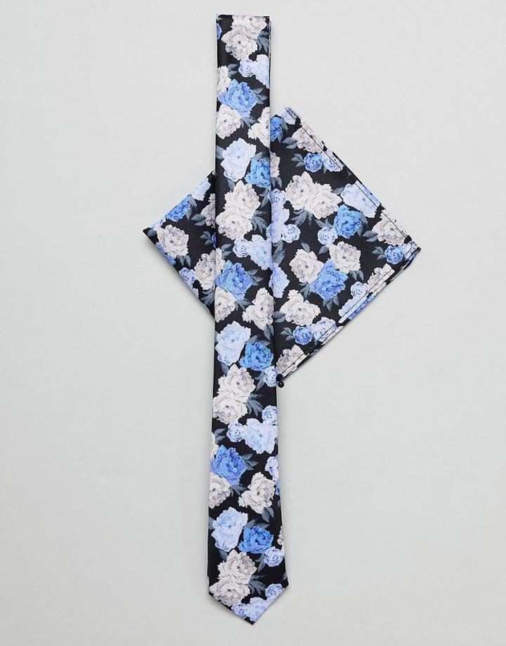 Asos Design Slim Floral Tie And Pocket Square - Multi