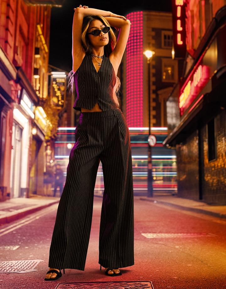 Asos Design Low Ride 00s Mansy Suit Wide Pants In Pinstripe-black