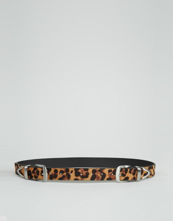 Asos Curve Double Buckle Leopard Waist And Hip Belt - Brown