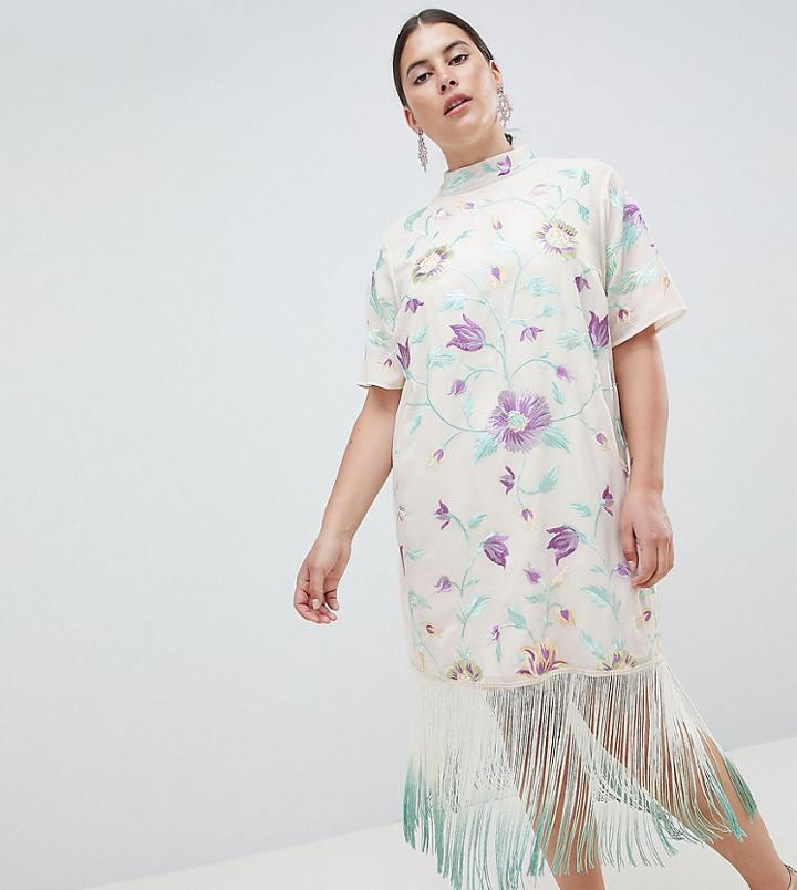 Asos Design Curve Embroidered Midi Dress With Tie Dye Fringe - Multi