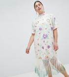 Asos Design Curve Embroidered Midi Dress With Tie Dye Fringe - Multi