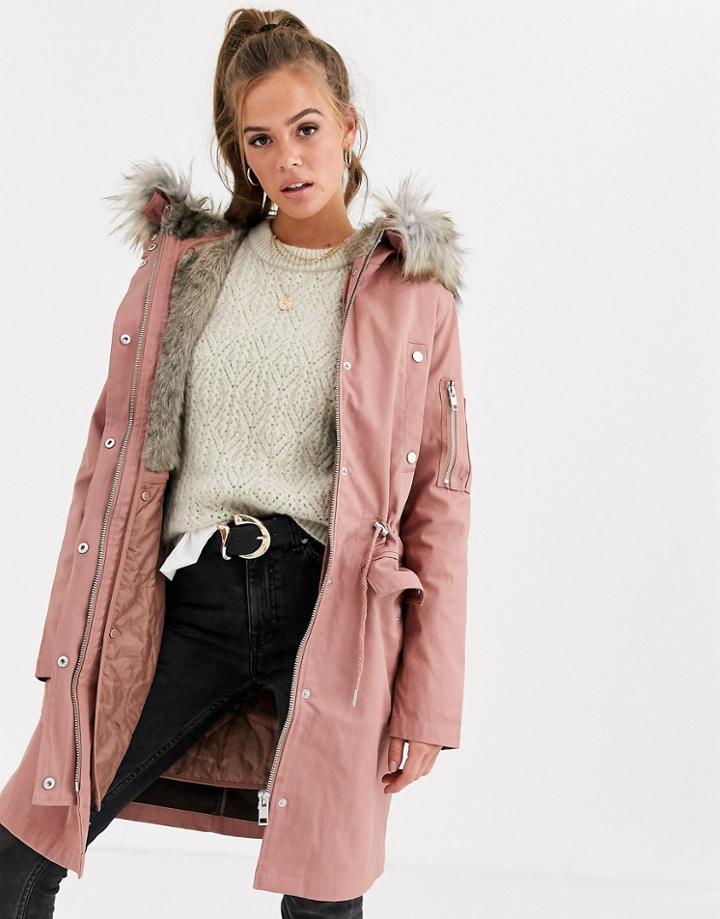 Asos Design Parka With Detachable Faux Fur Liner-pink