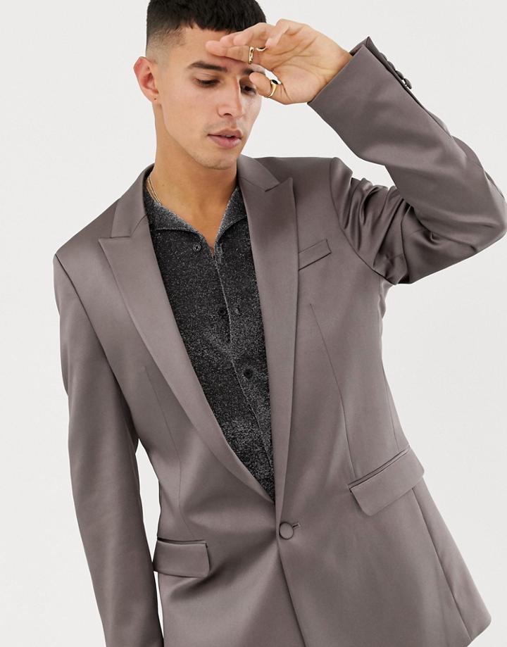Asos Design Slim Suit Jacket In High Shine Gunmetal Sateen - Gray
