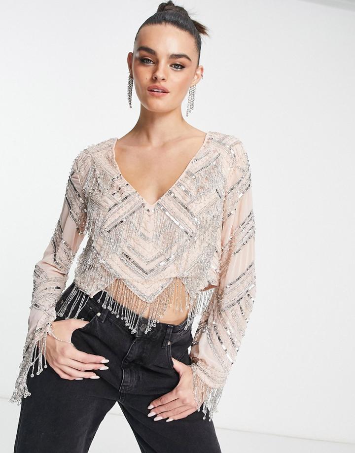 Asos Design Embellished Long Sleeve Top With Fringe Detail In Peach-orange