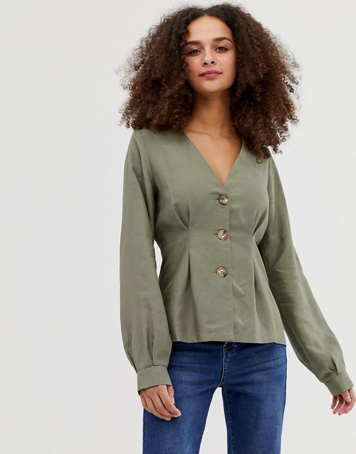 Asos Design V Neck Button Through Long Sleeve Top With Pleat Detail-green