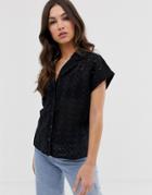 Asos Design Bowling Shirt In Broderie - Black