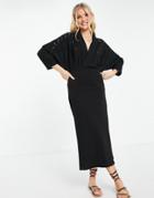 Asos Design Maxi Dress With Plunging Neckline And Embroidered Cut Out Detail In Black