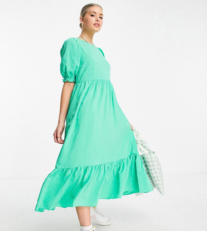 New Look Tall Textured Tiered Midi Dress In Light Green