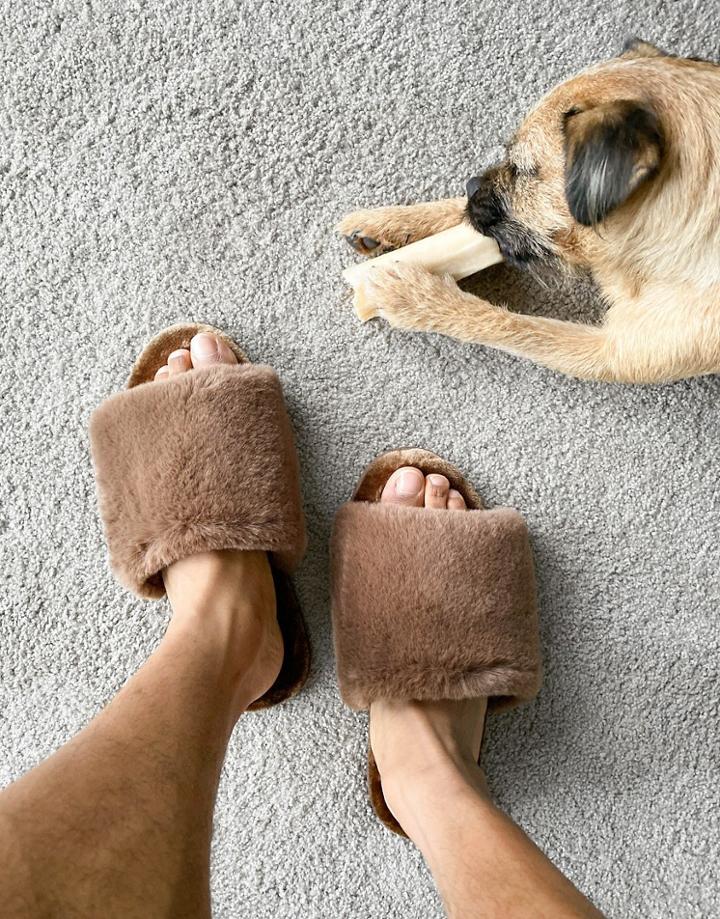 Asos Design Mule Slipper Brown In Faux Fur