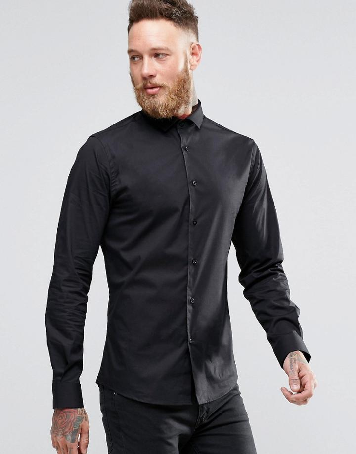 Noose & Monkey Skinny Shirt With Cut Away Collar With Stretch - Black