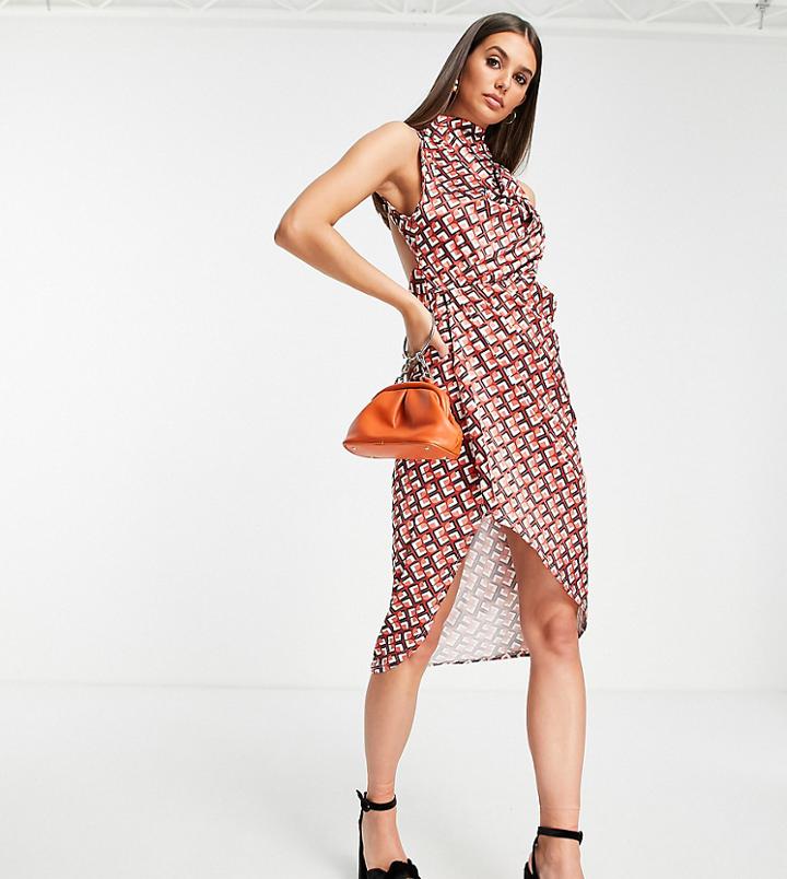 Asos Design Tall High Neck Drape Cowl Back Midi Dress In 70s Geo Print-multi