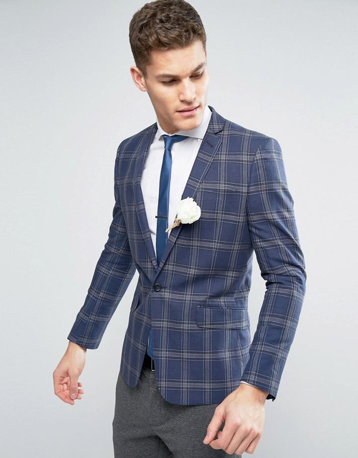 Asos Wedding Skinny Blazer In Linen Rich Lightweight Check - Blue