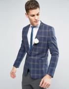 Asos Wedding Skinny Blazer In Linen Rich Lightweight Check - Blue