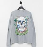 Collusion Oversized Long Sleeve T-shirt With Skull Print In Acid Wash Pique-neutral
